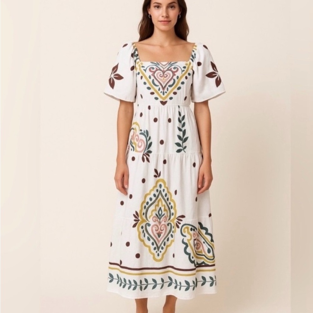 Elegant White Maxi Dress with Multicolor Patterns